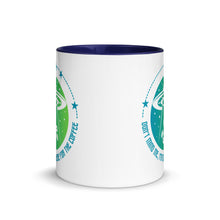 Load image into Gallery viewer, 11 oz. white ceramic coffee/tea mug with solid navy blue handle, rim, and inside. Image Design: ufo ship abducting/beaming up coffee beans. background blue to light green gradient, stars. Text under image: "Don't mind me, I'm only here for the Coffee." Front center/middle view.