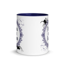 Load image into Gallery viewer, 11 oz. white ceramic coffee/tea mug with solid navy blue handle, rim, and inside. Image Design: Words 'Normal is an Illusion' in a elegant border, with spider silhouettes, and stars. Image phrase: Normal is an Illusion. Center front view. Halloween, spooky season.