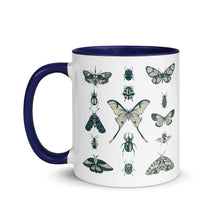 Load image into Gallery viewer, 11 oz. white ceramic coffee/tea mug with solid navy blue handle, rim, and inside. Image Design: vintage beige and blue print images of various moths, butterflies, and beetles, all arranged in rows and columns. Left hand side view. Halloween, spooky season.