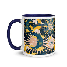 Load image into Gallery viewer, enchanting ceramic coffee tea mug featuring a wraparound image of an abstract sun, moon, and star pattern. dark navy blue colorful rim, handle, and inside mug. Colors in pattern: golden yellow, dark teal, peach coral. side view, handle to leftside.