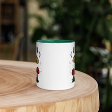 Load image into Gallery viewer, 11 oz. white ceramic coffee/tea mug with solid dark green handle, rim, and inside. Image Design: Mushroom cluster, moon phases, and constellations. outside middle view.