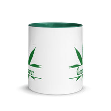 Load image into Gallery viewer, Ceramic coffee/tea mug with solid dark green handle, rim, and inside. Image Design: Marijuana leaf with "Connoisseur" text. Outside middle view.