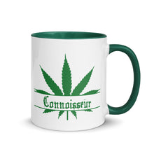 Load image into Gallery viewer, Ceramic coffee/tea mug with solid dark green handle, rim, and inside. Image Design: Marijuana leaf with "Connoisseur" text. Right hand side view.