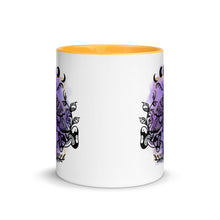 Load image into Gallery viewer, 11 oz. white ceramic coffee/tea mug with solid golden yellow handle, rim, and inside. Design: Moth with a skull, moon phases, pentacle, mushrooms, and a crystal vial. outside middle view.