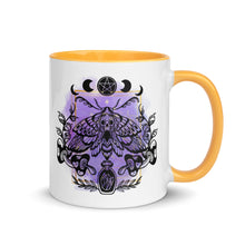 Load image into Gallery viewer, 11 oz. white ceramic coffee/tea mug with solid golden yellow handle, rim, and inside. Design: Moth with a skull, moon phases, pentacle, mushrooms, and a crystal vial. right hand side view.