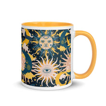 Load image into Gallery viewer, enchanting ceramic coffee tea mug featuring a wraparound image of an abstract sun, moon, and star pattern. yellow colorful rim, handle, and inside mug. Colors in pattern: golden yellow, dark teal, peach coral. Side view, handle to right side.