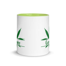 Load image into Gallery viewer, Ceramic coffee/tea mug with solid light green handle, rim, and inside. Image Design: Marijuana leaf with "Connoisseur" text. Outside middle view.