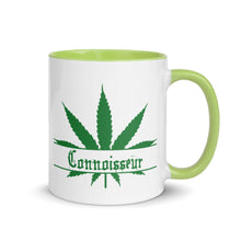 Load image into Gallery viewer, Ceramic coffee/tea mug with solid light green handle, rim, and inside. Image Design: Marijuana leaf with "Connoisseur" text. Right hand side view.