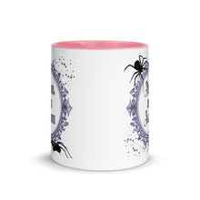 Load image into Gallery viewer, 11 oz. white ceramic coffee/tea mug with solid light pink handle, rim, and inside. Image Design: Words 'Normal is an Illusion' in a elegant border, with spider silhouettes, and stars. Image phrase: Normal is an Illusion. Center front view. Halloween, spooky season.