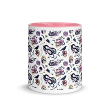 Load image into Gallery viewer, 11 oz. white ceramic coffee/tea mug with solid pink handle, rim, and inside. Image Design: gothic theme patter of skulls, wands, snakes, ravens, purple flowers. Center front view.
Halloween, spooky season.