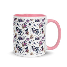Load image into Gallery viewer, 11 oz. white ceramic coffee/tea mug with solid pink handle, rim, and inside. Image Design: gothic theme patter of skulls, wands, snakes, ravens, purple flowers. rihgt hand side view.
Halloween, spooky season.