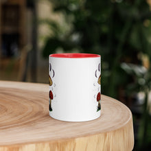 Load image into Gallery viewer, 11 oz. white ceramic coffee/tea mug with solid red handle, rim, and inside. Image Design: Mushroom cluster, moon phases, and constellations. outside middle view.