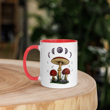 Load image into Gallery viewer, 11 oz. white ceramic coffee/tea mug with solid red handle, rim, and inside. Image Design: Mushroom cluster, moon phases, and constellations. left hand side view.