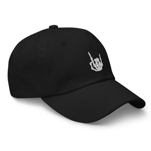 Black Baseball cap, classic visor shape. Image Design: "Rock On" skeleton hand gesture on the front. Right side view.