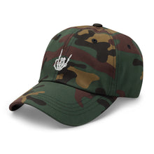 Load image into Gallery viewer, Camouflage print Baseball cap, classic visor shape. Image Design: &quot;Rock On&quot; skeleton hand gesture on the front. Left side view.
