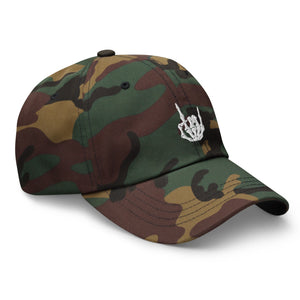 Camouflage print Baseball cap, classic visor shape. Image Design: "Rock On" skeleton hand gesture on the front. Right side view.