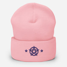 Load image into Gallery viewer, cuffed beanie baby pink, with image design of purple pentacle and stars. background: winter themed, Christmas gifts.
