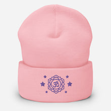 Load image into Gallery viewer, cuffed beanie baby pink, with image design of purple third eye chakra symbol, with purple stars.
