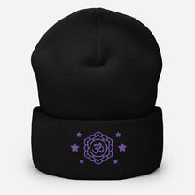 Load image into Gallery viewer, cuffed beanie black, with image design of purple third eye chakra symbol, with purple stars.
