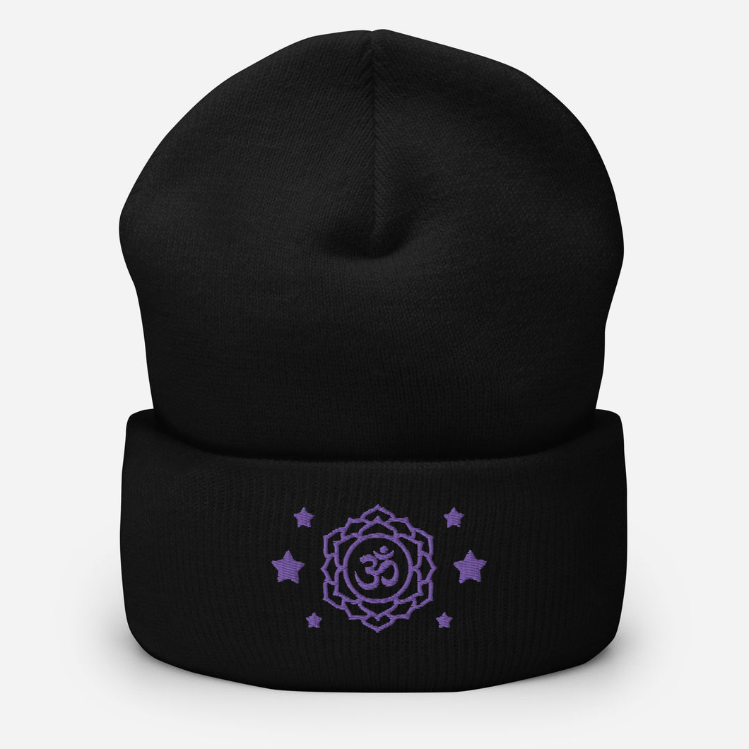 cuffed beanie black, with image design of purple third eye chakra symbol, with purple stars.