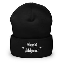 Load image into Gallery viewer, cuffed beanie black, with image phrase &quot;Mental Alchemist.&quot; background: winter themed, Christmas gifts.
