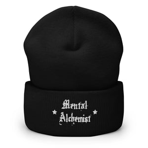 cuffed beanie black, with image phrase "Mental Alchemist." background: winter themed, Christmas gifts.