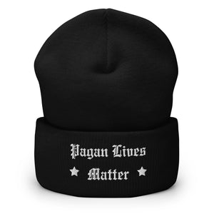 cuffed beanie black, with image phrase "Pagan Lives Matter." background: winter themed, Christmas gifts.