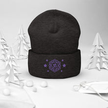 Load image into Gallery viewer, cuffed beanie dark grey, with image design of purple third eye chakra symbol, with purple stars. background: winter themed, Christmas gifts.
