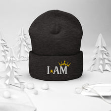 Load image into Gallery viewer, cuffed beanie dark grey, with image phrase &quot;I AM,&quot; with image of a crown over the word AM. background: winter themed, Christmas gifts.
