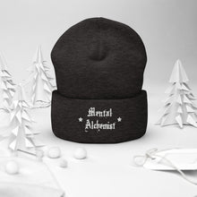 Load image into Gallery viewer, cuffed beanie dark grey, with image phrase &quot;Mental Alchemist.&quot; background: winter themed, Christmas gifts.
