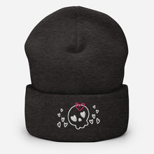 Load image into Gallery viewer, beanie dark grey, with image design of a cartoonish cute skull with heart eyes, a heart bow, and stars. Front view.
