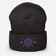 Load image into Gallery viewer, cuffed beanie dark grey, with image design of purple third eye chakra symbol, with purple stars.
