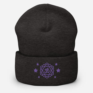 cuffed beanie dark grey, with image design of purple third eye chakra symbol, with purple stars.