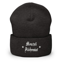 Load image into Gallery viewer, cuffed beanie dark grey, with image phrase &quot;Mental Alchemist.&quot; background: winter themed, Christmas gifts.
