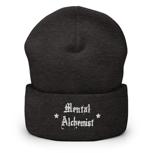 cuffed beanie dark grey, with image phrase "Mental Alchemist." background: winter themed, Christmas gifts.