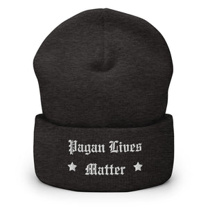 cuffed beanie dark grey, with image phrase "Pagan Lives Matter." background: winter themed, Christmas gifts.