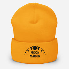 Load image into Gallery viewer, cuffed beanie gold, with image phrase &quot;Moon Maiden,&quot; and image graphic of moon phases. background: winter themed, Christmas gifts.
