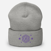 Load image into Gallery viewer, cuffed beanie heather grey, with image design of purple third eye chakra symbol, with purple stars.
