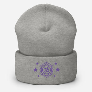 cuffed beanie heather grey, with image design of purple third eye chakra symbol, with purple stars.