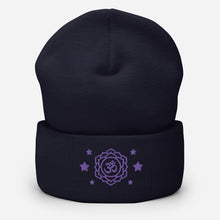 Load image into Gallery viewer, cuffed beanie navy blue, with image design of purple third eye chakra symbol, with purple stars.
