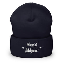 Load image into Gallery viewer, cuffed beanie navy blue, with image phrase &quot;Mental Alchemist.&quot; background: winter themed, Christmas gifts.
