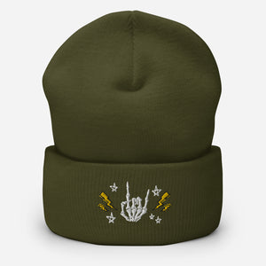 cuffed beanie olive green, with image design of rock on skeleton hand, pentagram stars, lightning symbols. background: winter themed, Christmas gifts.