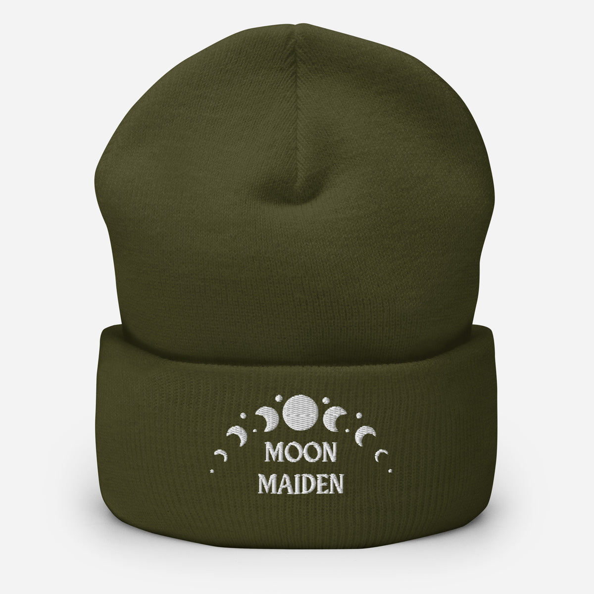 cuffed beanie olive green, with image phrase "Moon Maiden," and image graphic of moon phases. background: winter themed, Christmas gifts.