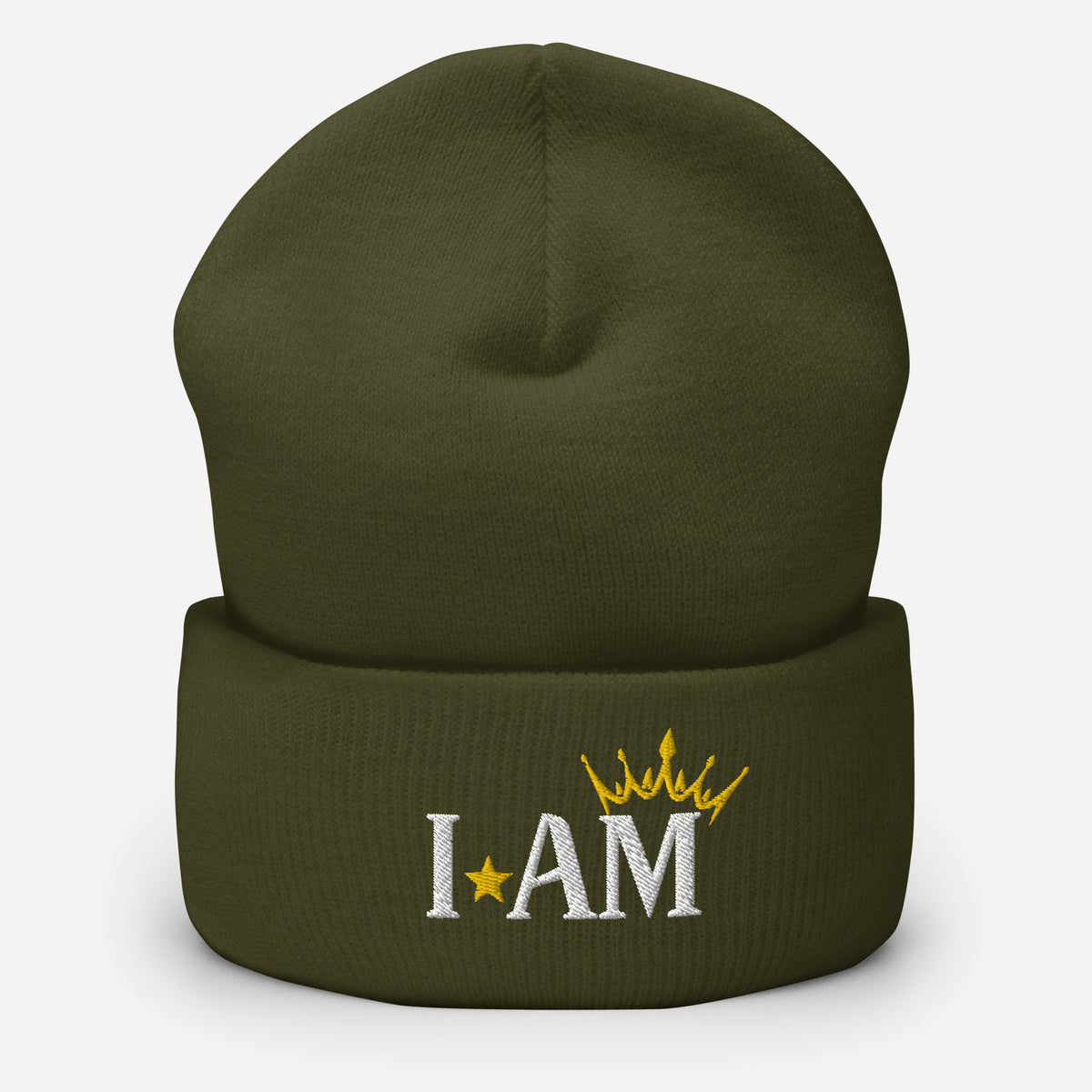 cuffed beanie olive green, with image phrase "I AM," with image of a crown over the word AM. background: winter themed, Christmas gifts.