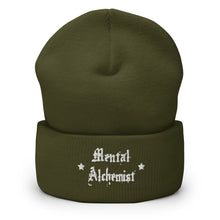 Load image into Gallery viewer, cuffed beanie olive green, with image phrase &quot;Mental Alchemist.&quot; background: winter themed, Christmas gifts.
