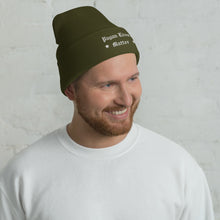 Load image into Gallery viewer, man wearing cuffed beanie olive green, with image phrase &quot;Pagan Lives Matter.&quot;  winter , Christmas gifts.
