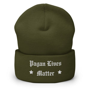 cuffed beanie olive green, with image phrase "Pagan Lives Matter." background: winter themed, Christmas gifts.