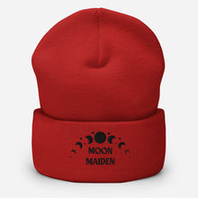 Load image into Gallery viewer, cuffed beanie red, with image phrase &quot;Moon Maiden,&quot; and image graphic of moon phases. background: winter themed, Christmas gifts.
