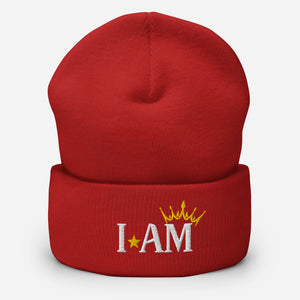 cuffed beanie red, with image phrase "I AM," with image of a crown over the word AM. background: winter themed, Christmas gifts.