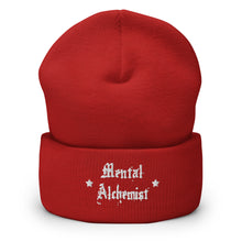 Load image into Gallery viewer, cuffed beanie red, with image phrase &quot;Mental Alchemist.&quot; background: winter themed, Christmas gifts.
